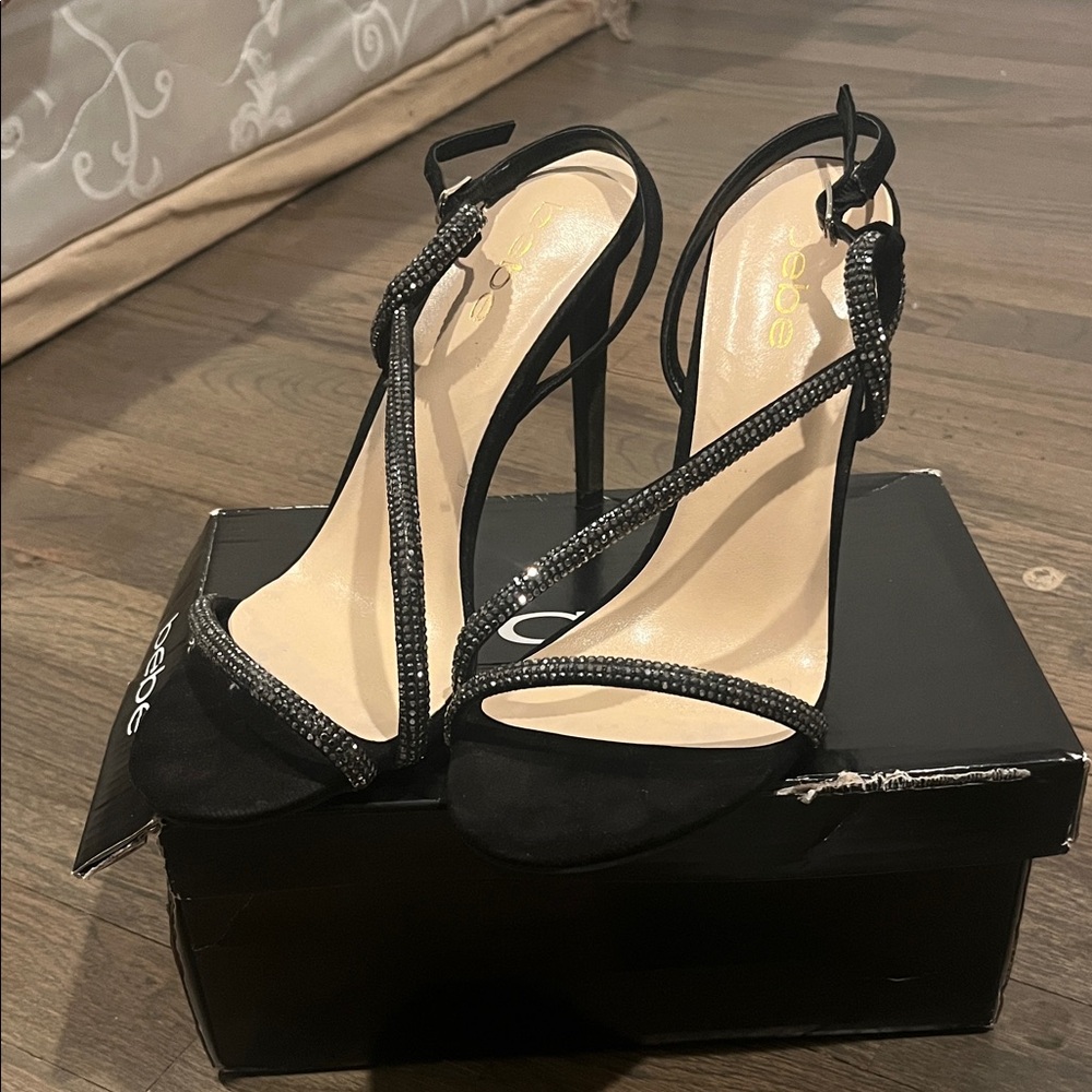 bebe Black Strappy Heels with Rhinestones